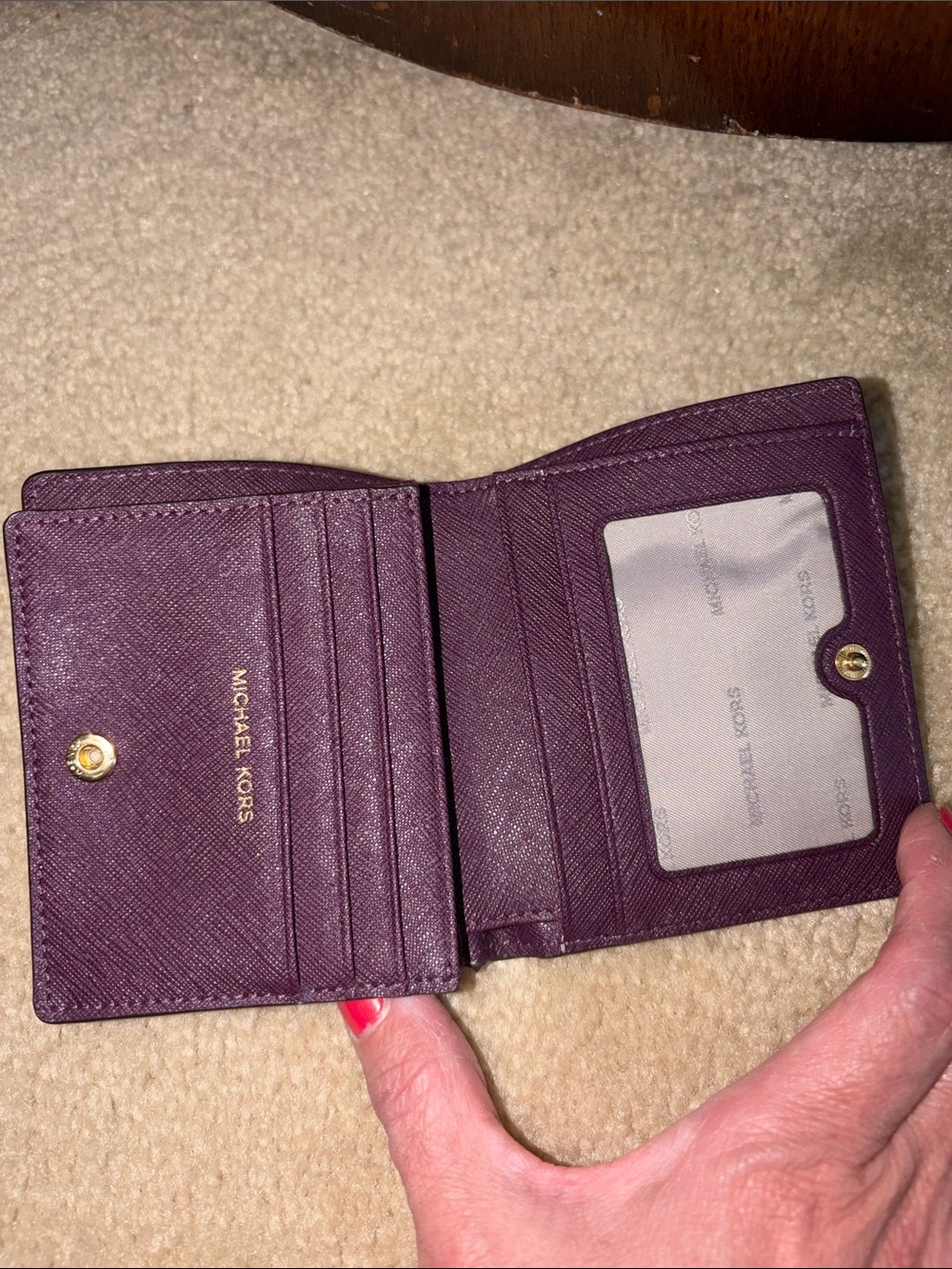 Michael Kors Pebbled Leather Card Wallet in Deep Plum with Gold Logo